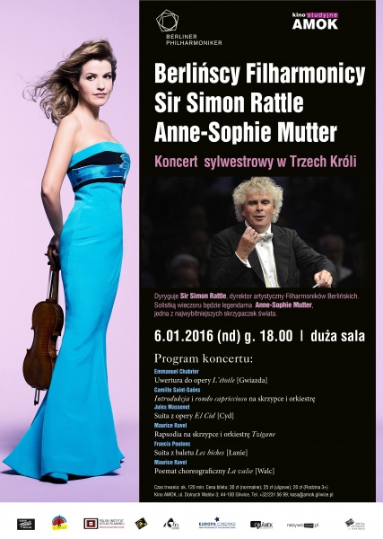 Plakat: Filharmonicy berlińscy i Anne-Sophie Mutter. Koncert sylwestrowy w Trzech Króli
